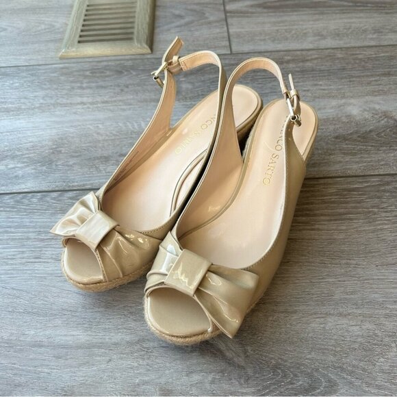 Franco Sarto Beige Vegan Patent Leather Slingback Peep Toe Wedge Esapdrille - Picture 1 of 14